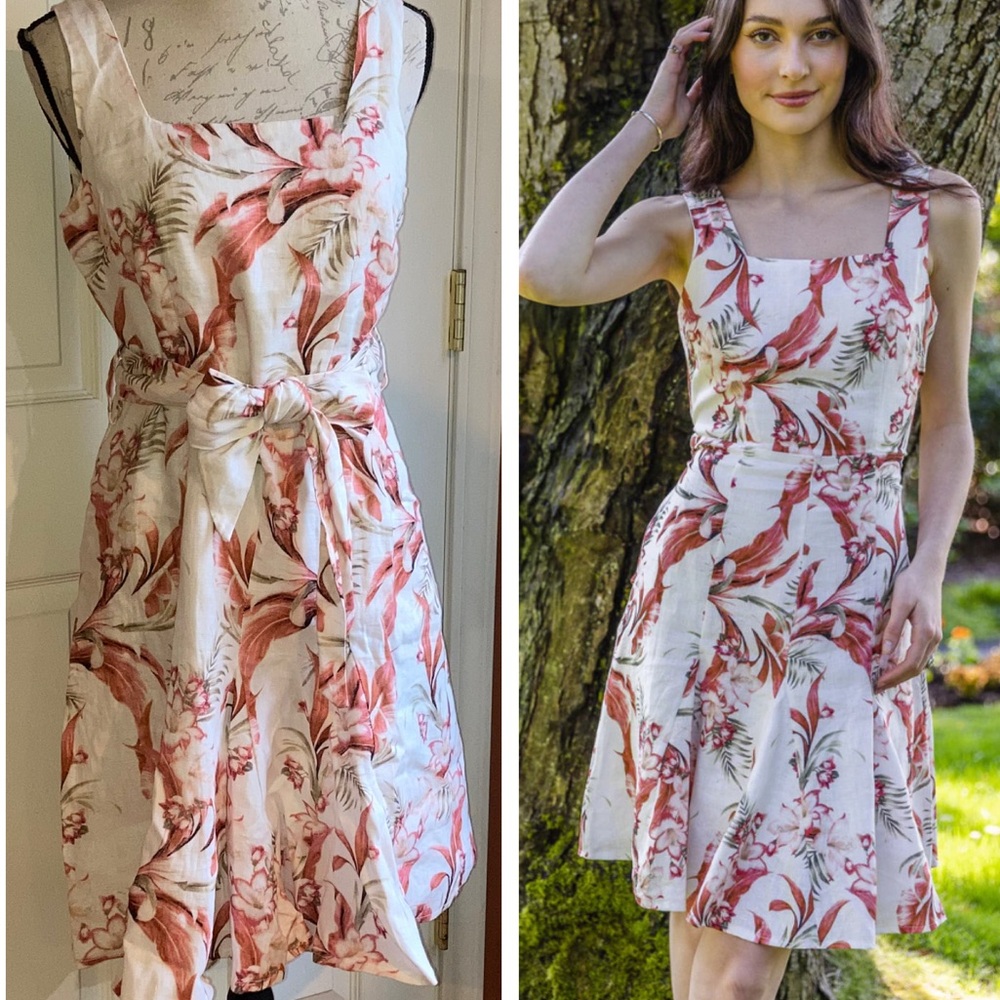 NWT Papillon Fit & Flare Linen Tropical Floral Boutique Dress sz Small